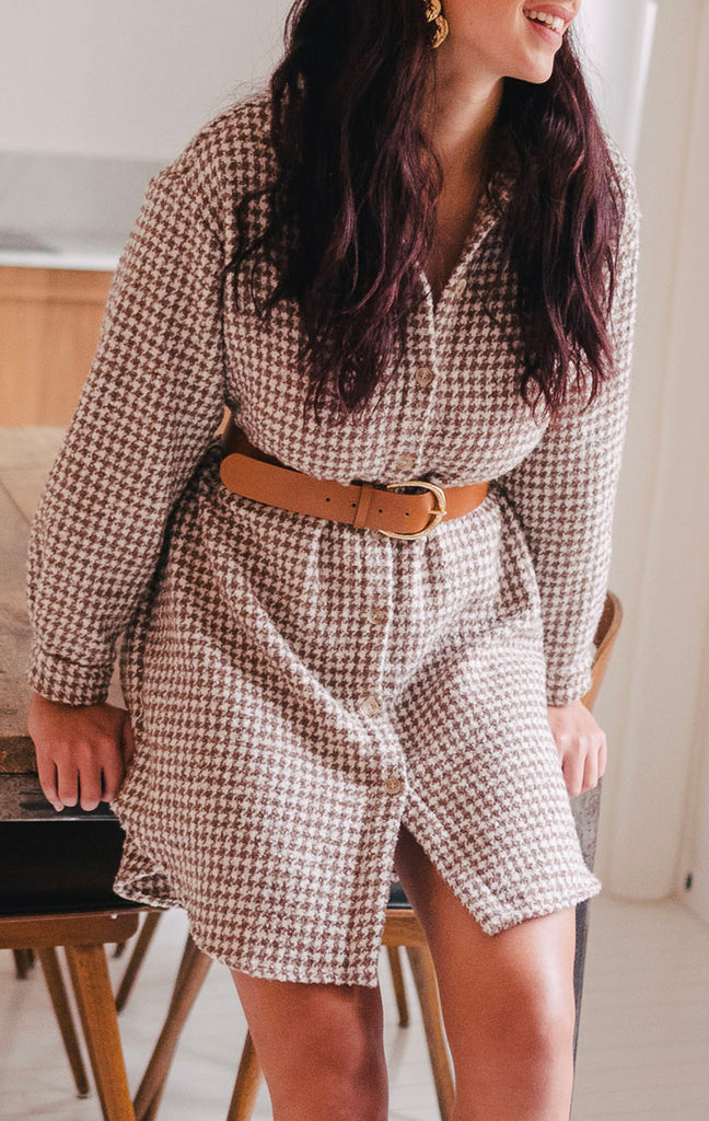 Robe Lison Pied De Poule Camel