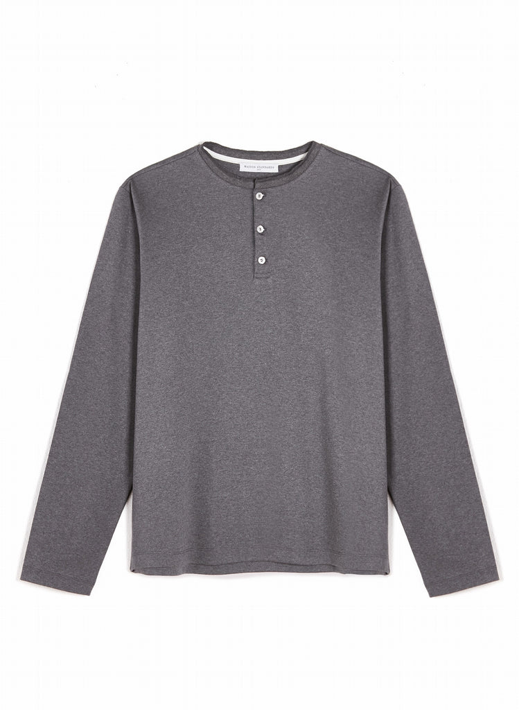 Maison Standards - T-Shirt Henley Manches Longues - Gris Chiné Foncé - Homme