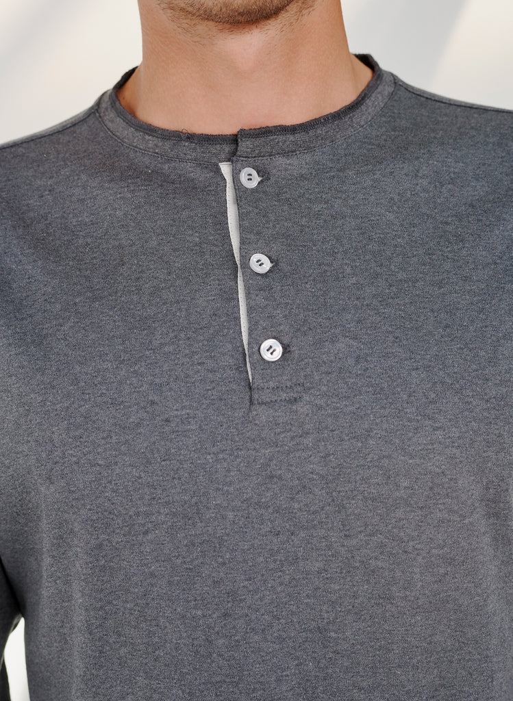 Maison Standards - T-Shirt Henley Manches Longues - Gris Chiné Foncé - Homme