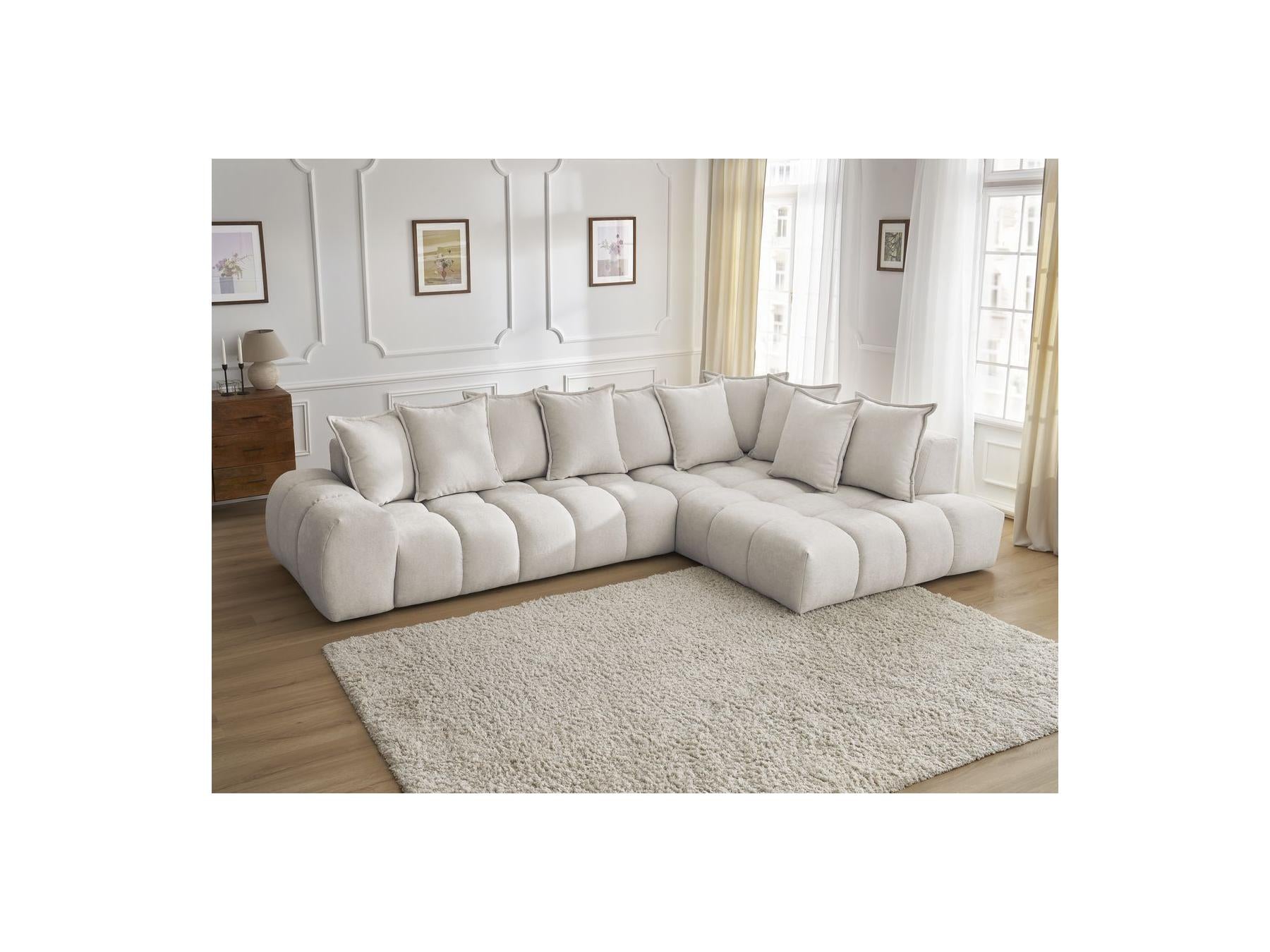 Everest - Canapé D'Angle Fixe - Tissu Texturé - Angle Droit - 10 Coussins