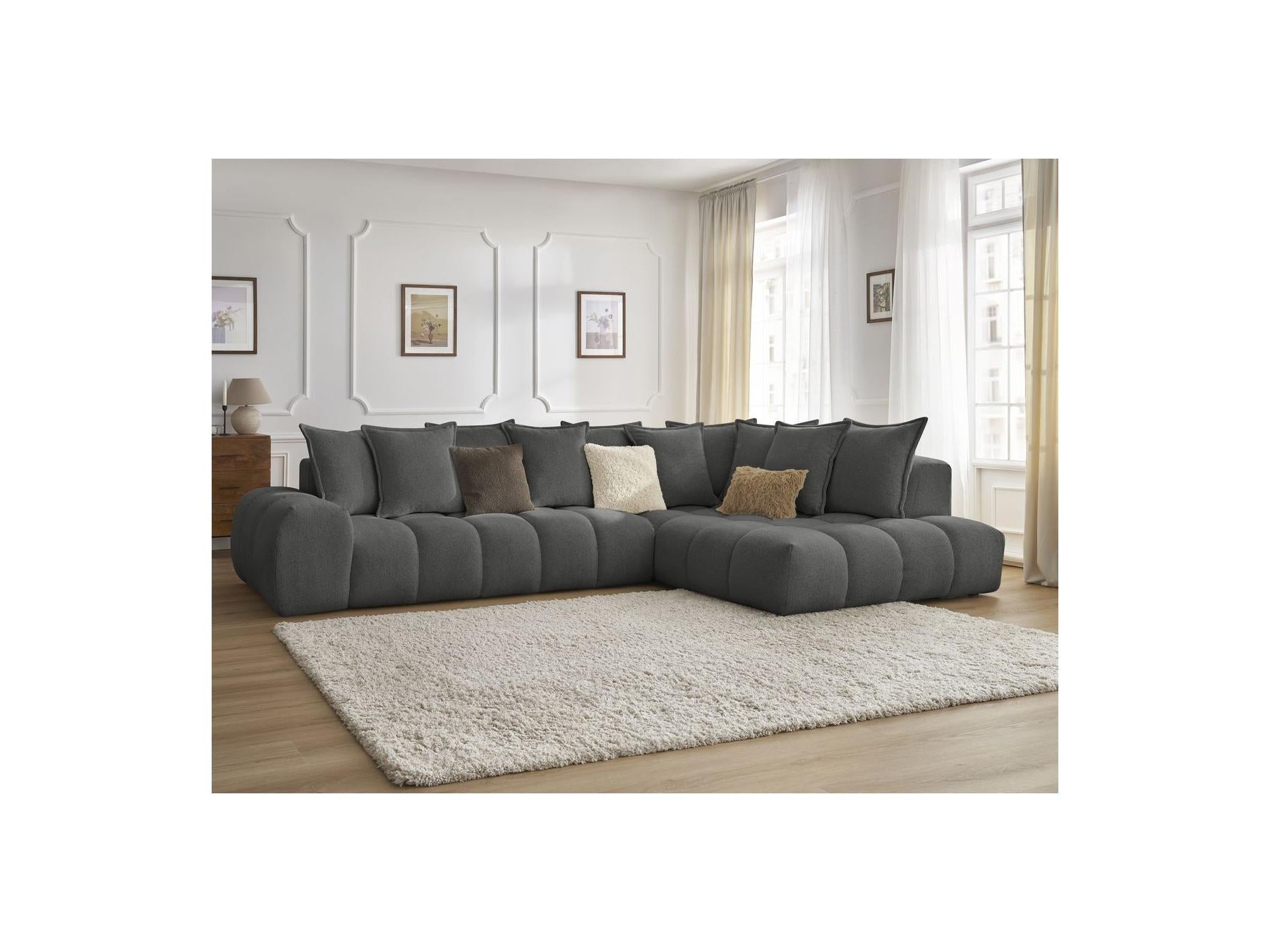 Everest - Canapé D'Angle Fixe - Tissu Chiné - Angle Droit - 10 Coussins