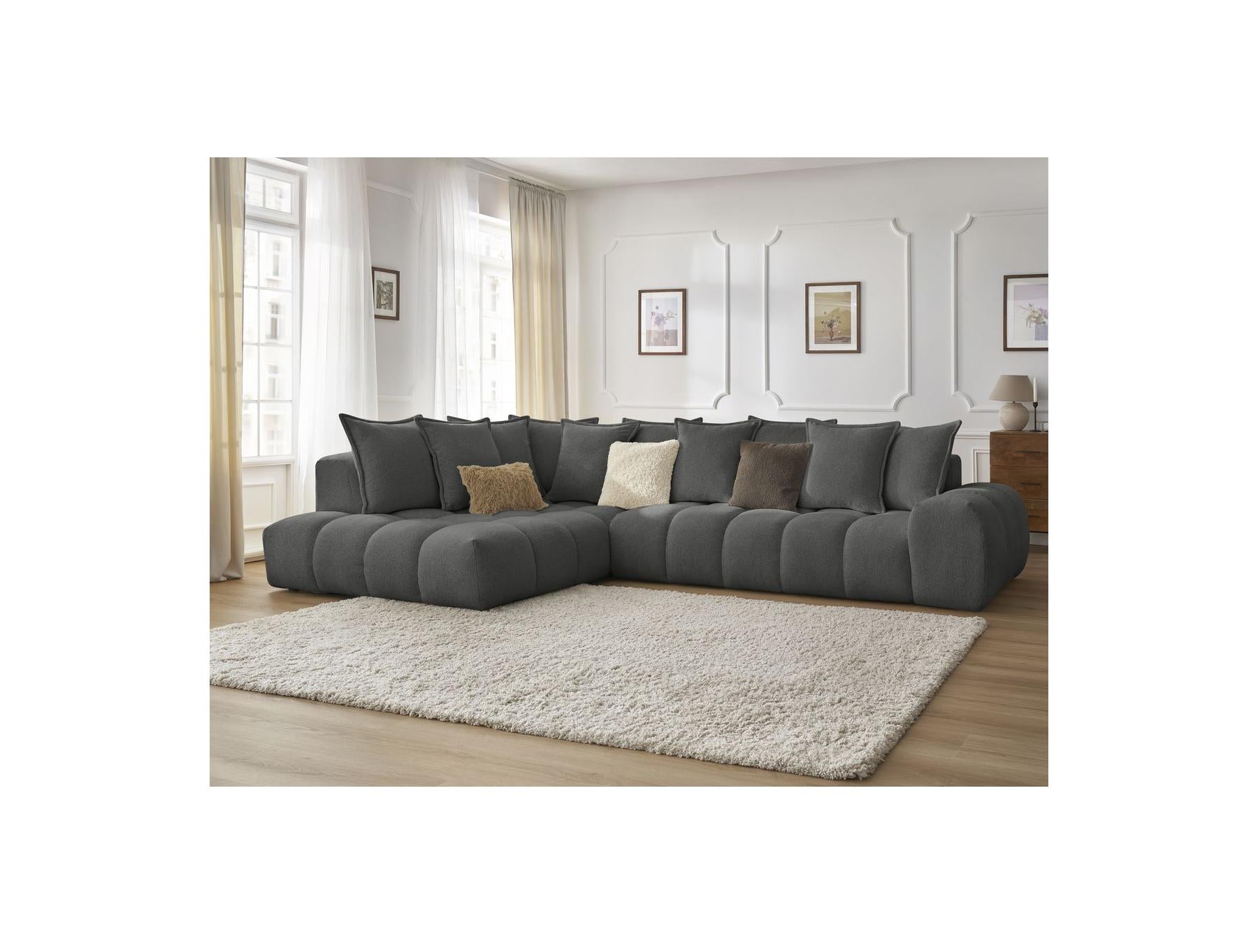 Everest - Canapé D'Angle Fixe - Tissu Chiné - Angle Gauche - 10 Coussins