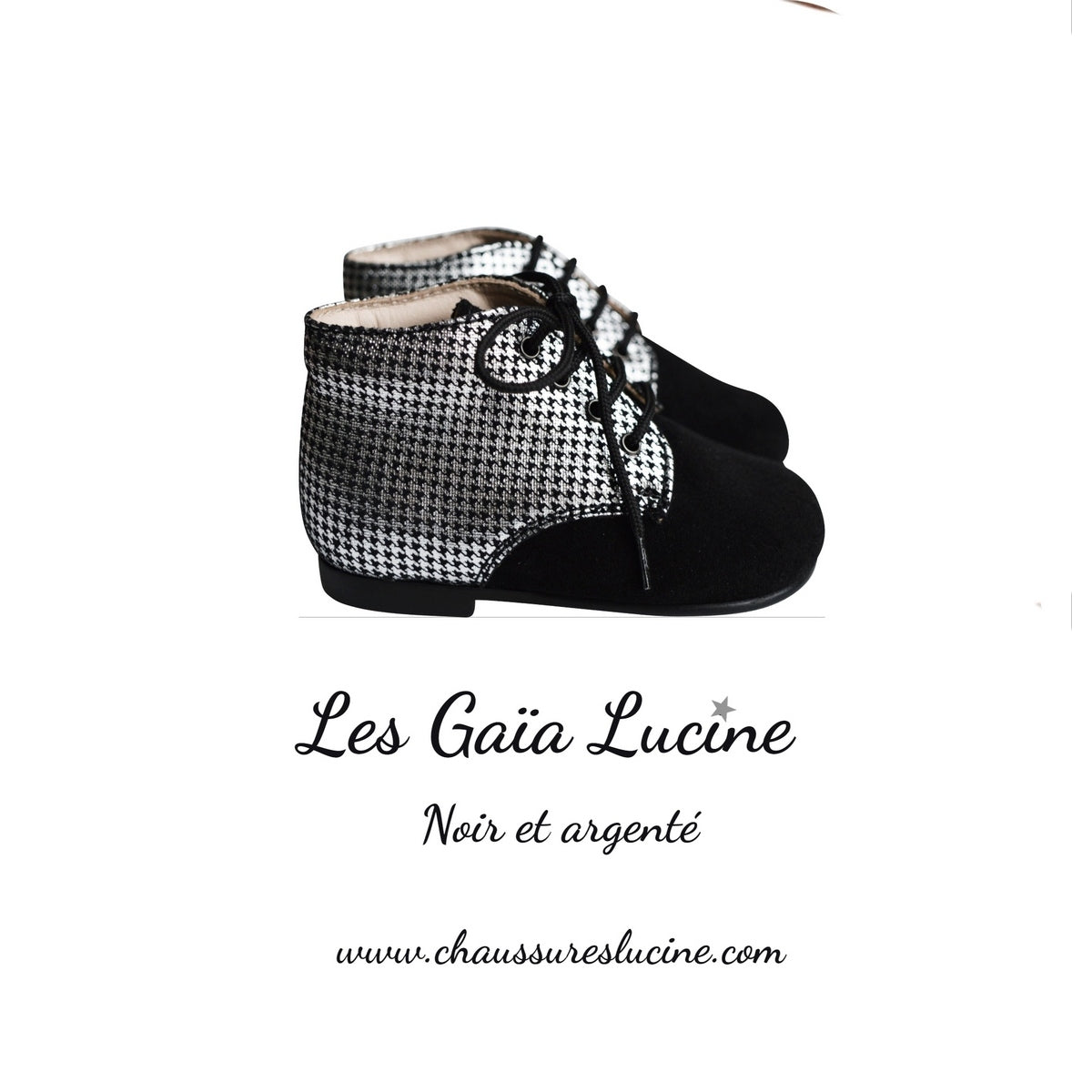 Chaussures Bottillon Fille À Lacets Gaïa - Cuir Noir Et Argent - Fille