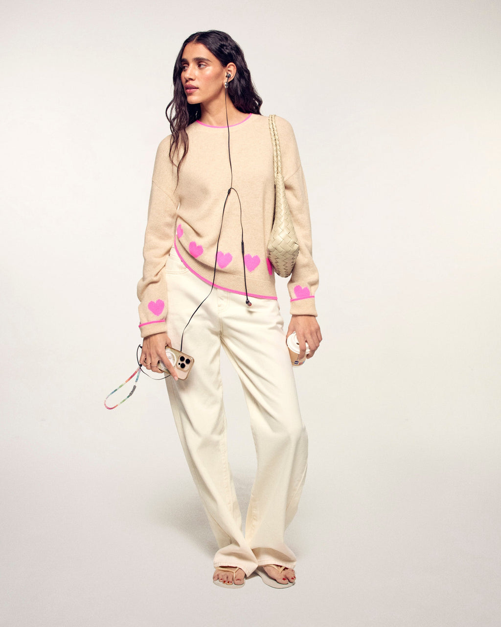Pull Col Rond à Motifs Cœurs - Beige Chiné