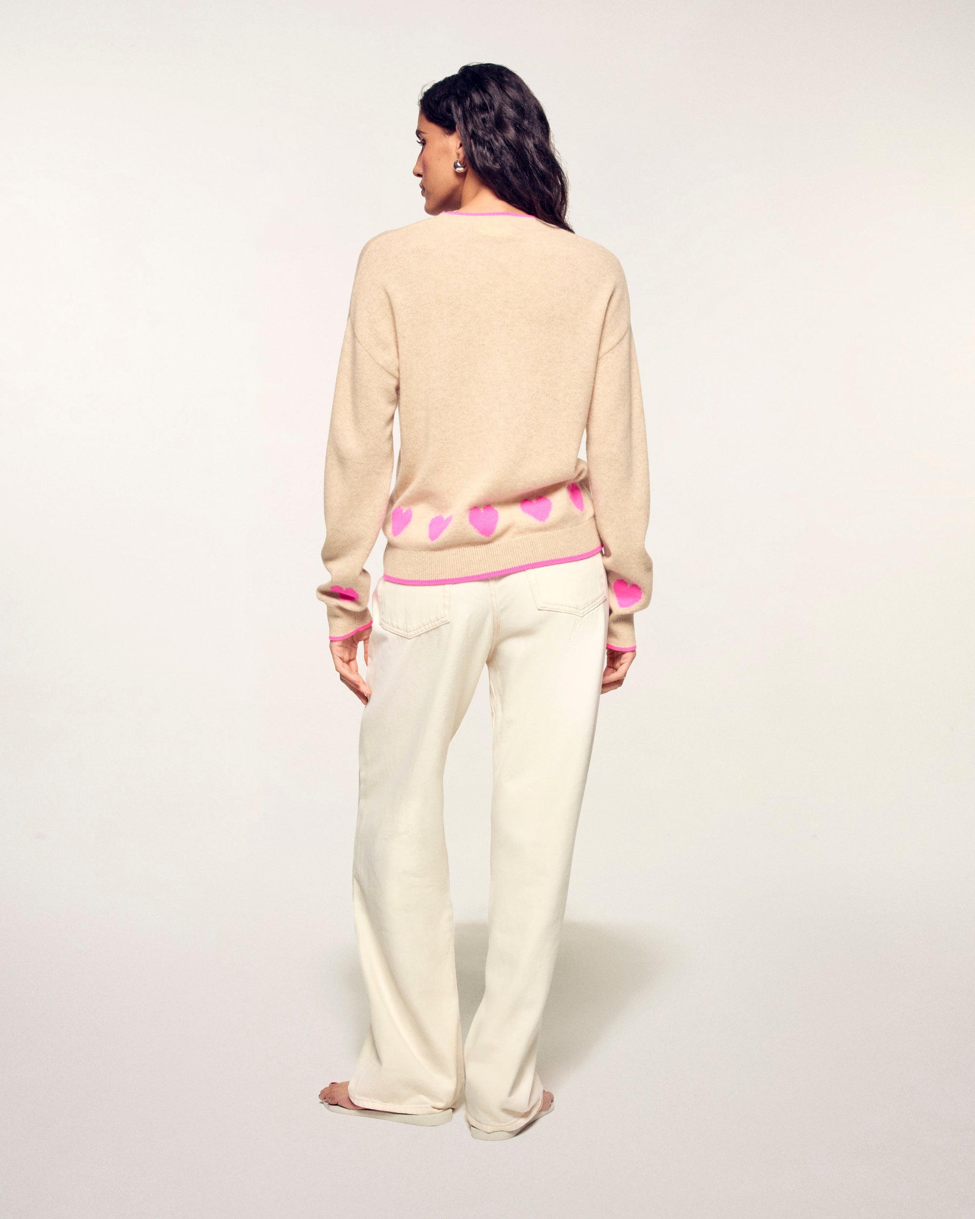 Pull Col Rond à Motifs Cœurs - Beige Chiné