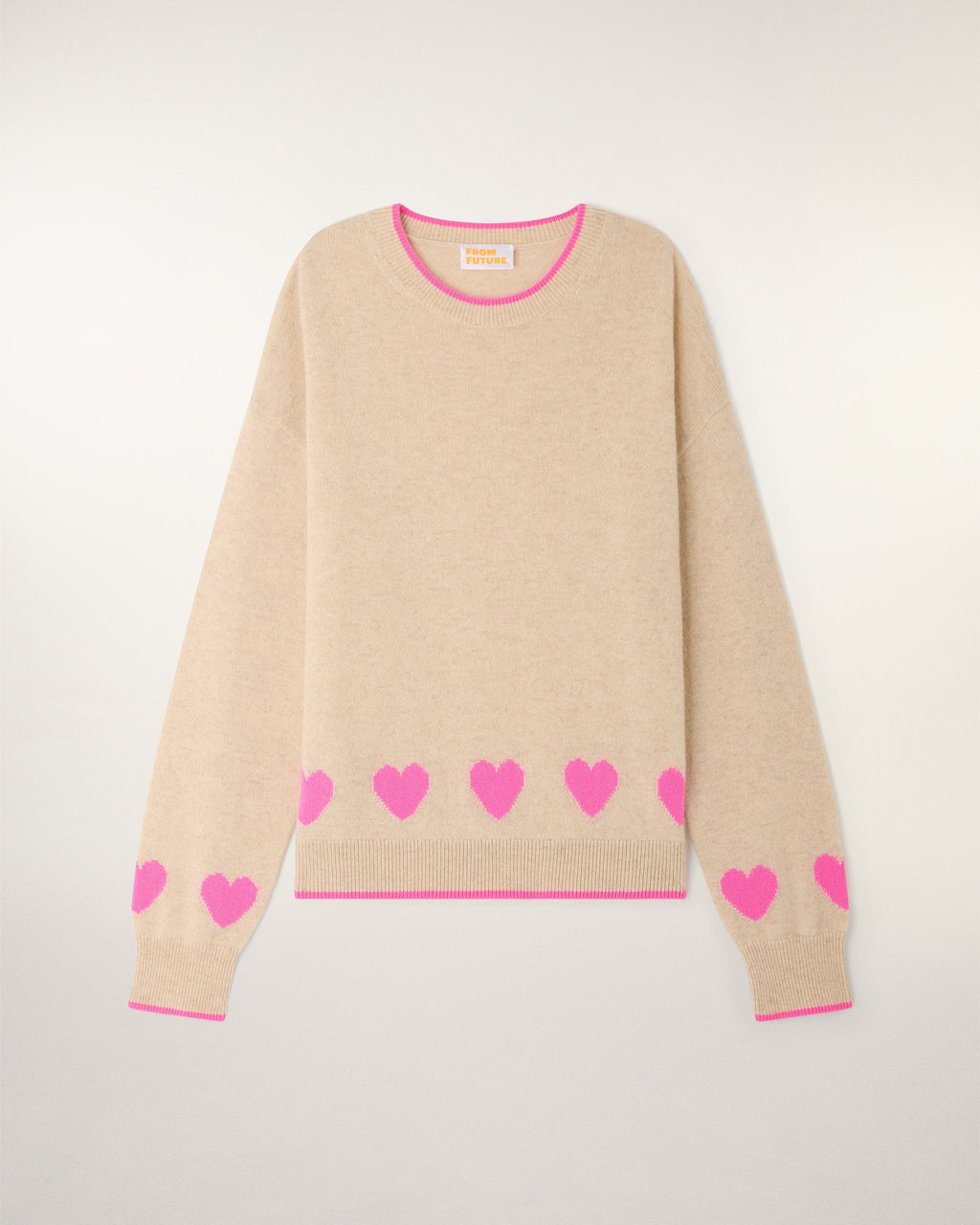 Pull Col Rond à Motifs Cœurs - Beige Chiné