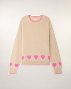 Pull Col Rond à Motifs Cœurs - Beige Chiné