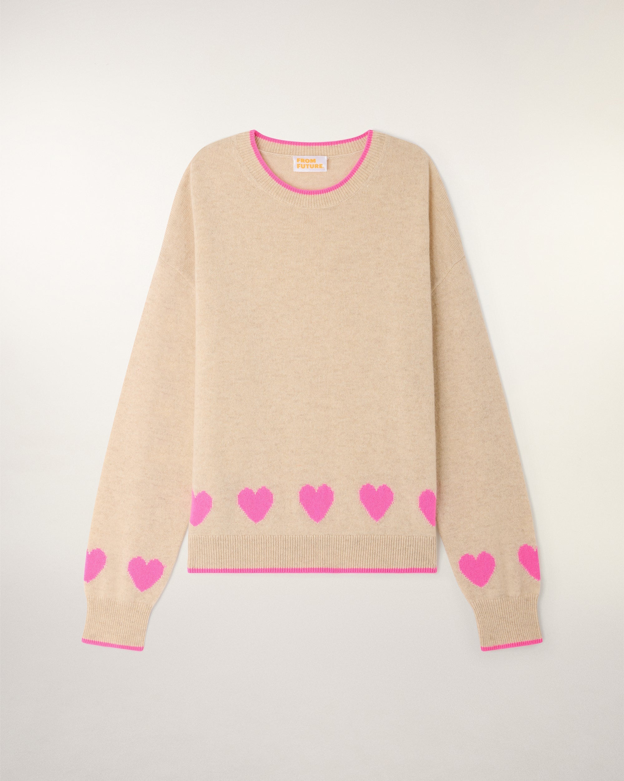 Pull Col Rond à Motifs Cœurs - Beige Chiné