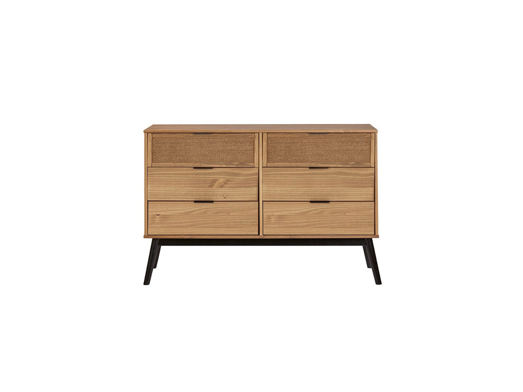 Albi - Commode 6 Tiroirs - Bois Massif Et Rotin
