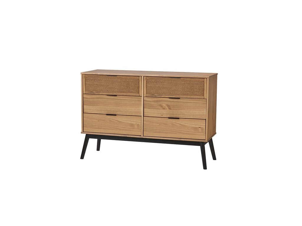 Albi - Commode 6 Tiroirs - Bois Massif Et Rotin