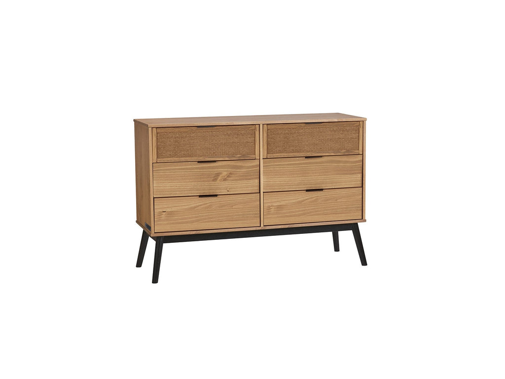 Albi - Commode 6 Tiroirs - Bois Massif Et Rotin