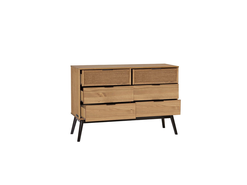 Albi - Commode 6 Tiroirs - Bois Massif Et Rotin