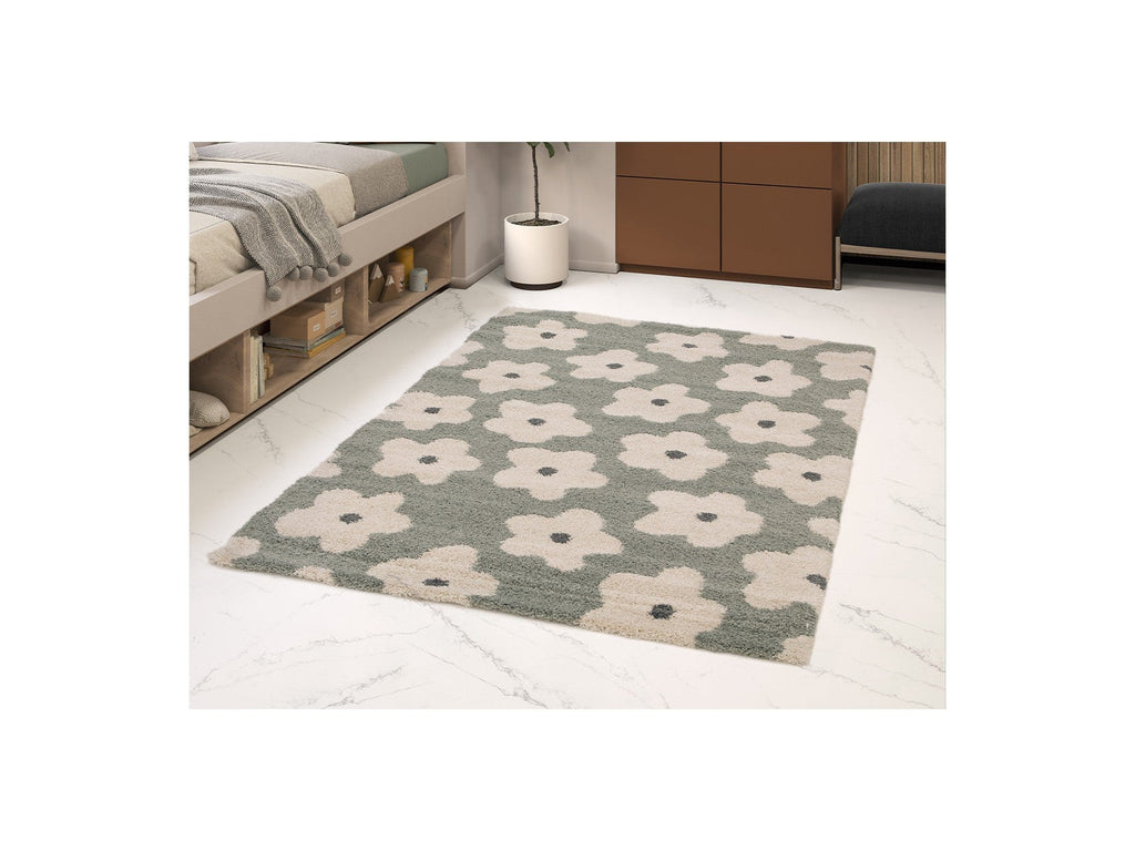 Suzy - Tapis Poils Courts - Motif Fleur - Bleu