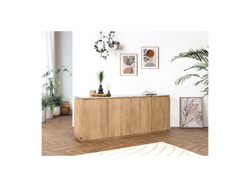 Barbara - Buffet 4 Portes - Bois Massif De Manguier Et Terrazzo