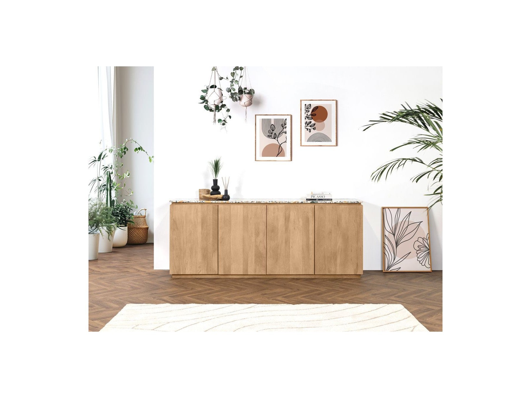 Barbara - Buffet 4 Portes - Bois Massif De Manguier Et Terrazzo