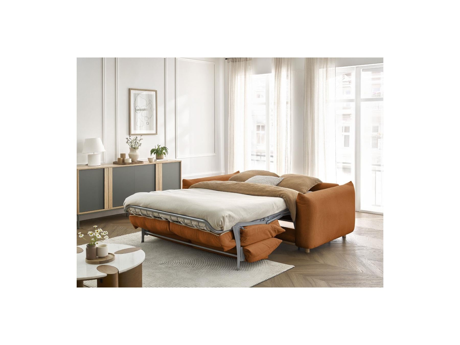 Ernest - Canapé Droit Convertible Ouverture Express - Tissu Lisse - 160X190