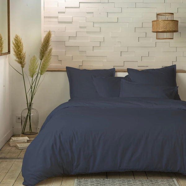 Parure De Lit (Hc + To) - 100% Percale De Coton 80 Fils - Bleu Ombre