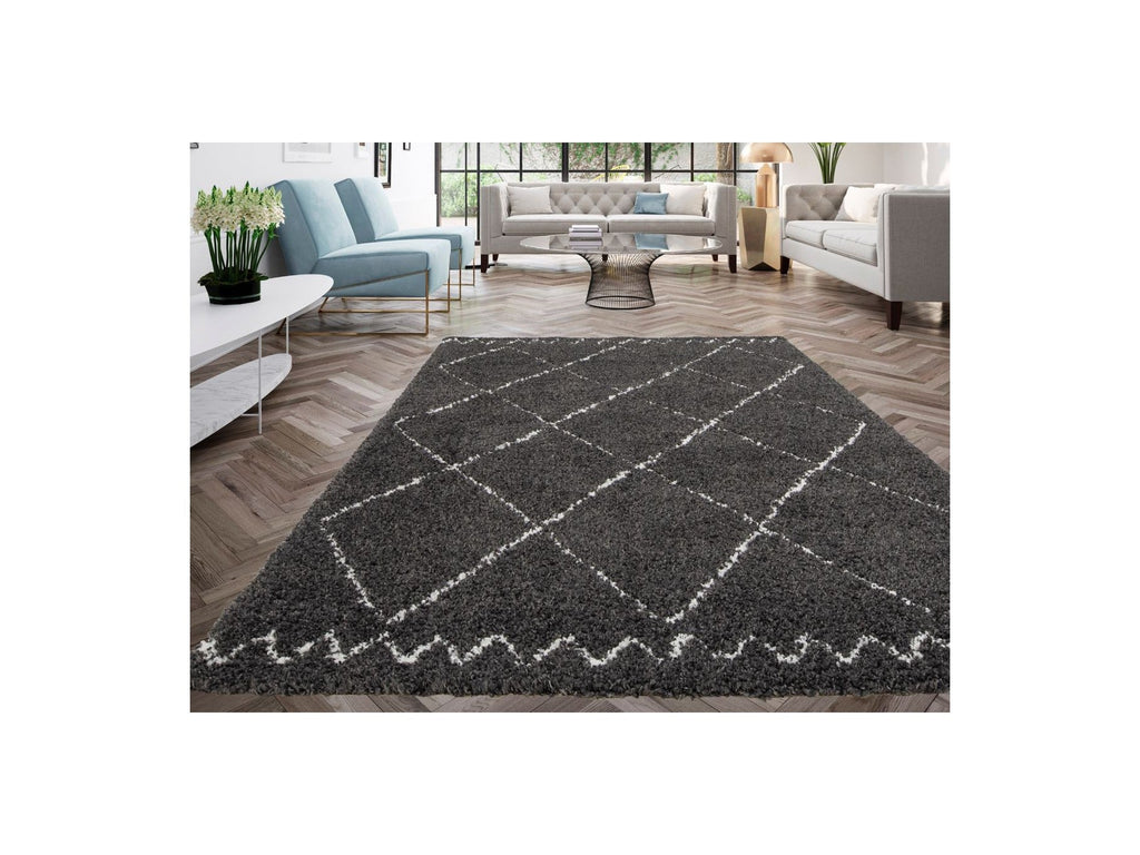 Simon - Tapis Poils Longs - Motif Graphique - Noir