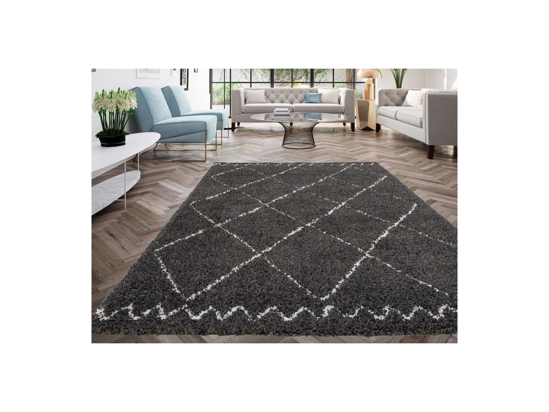 Simon - Tapis Poils Longs - Motif Graphique - Noir