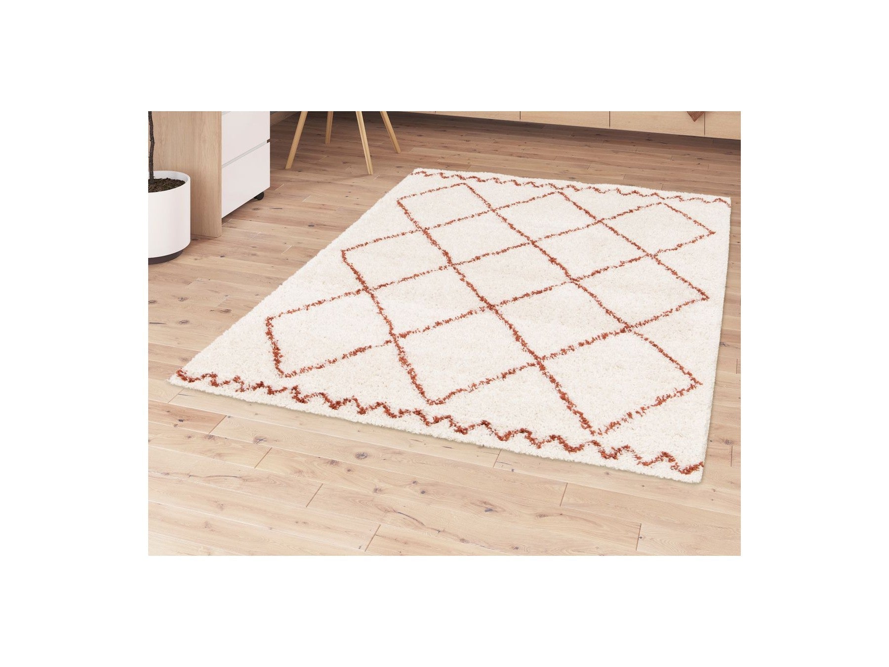 Simon - Tapis Poils Longs - Motif Graphique - Beige