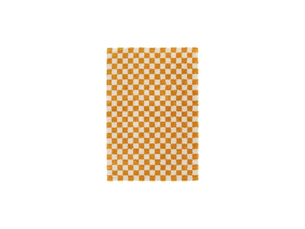 Damien - Tapis Poils Longs - Motif Damier - Jaune