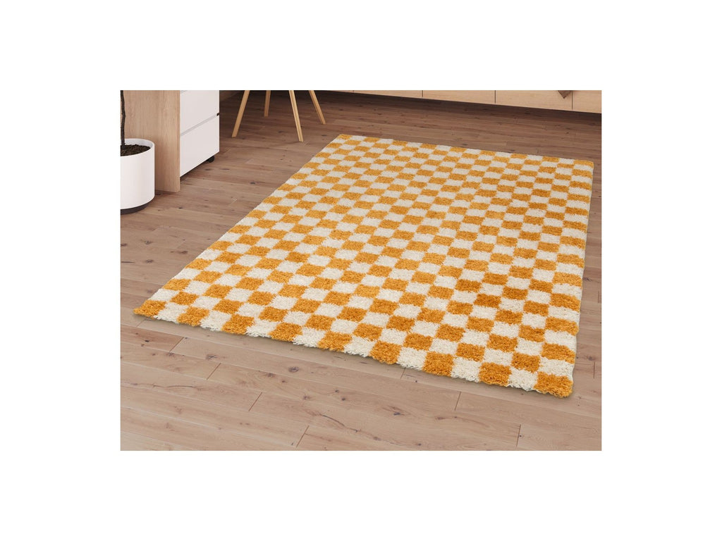 Damien - Tapis Poils Longs - Motif Damier - Jaune