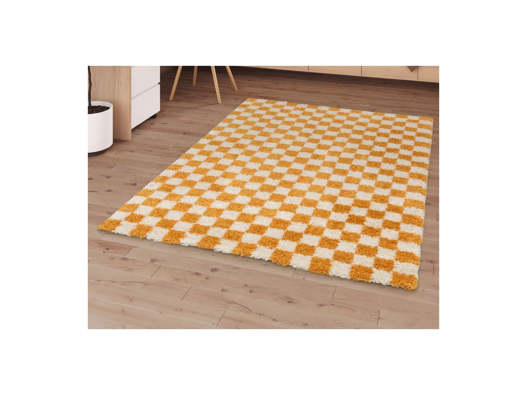 Damien - Tapis Poils Longs - Motif Damier - Jaune