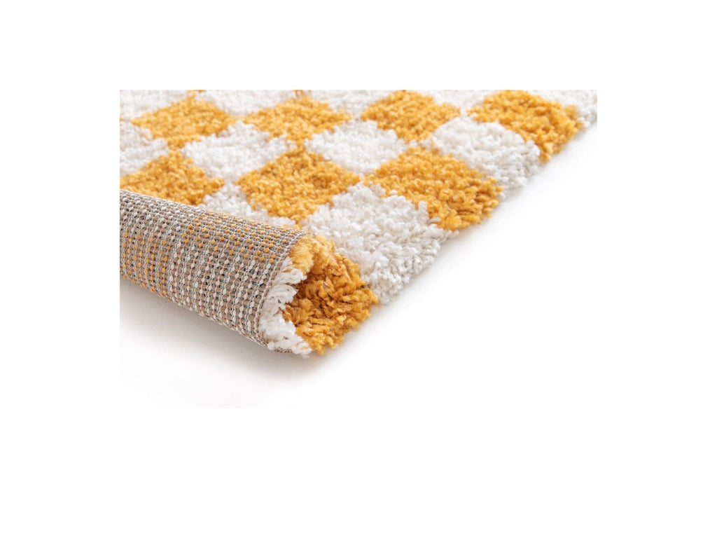 Damien - Tapis Poils Longs - Motif Damier - Jaune