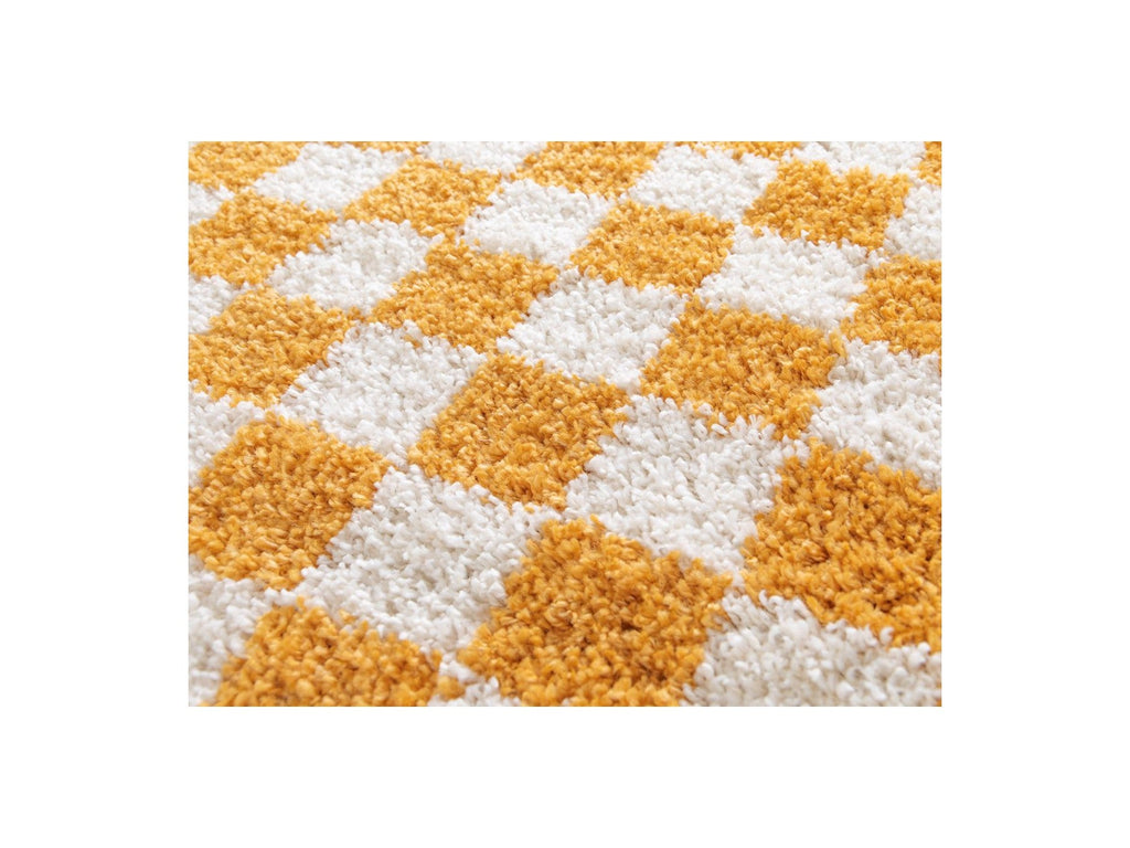 Damien - Tapis Poils Longs - Motif Damier - Jaune