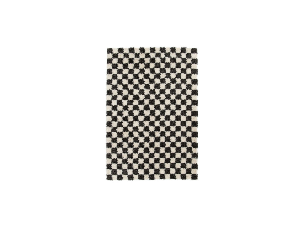 Damien - Tapis Poils Longs - Motif Damier - Noir
