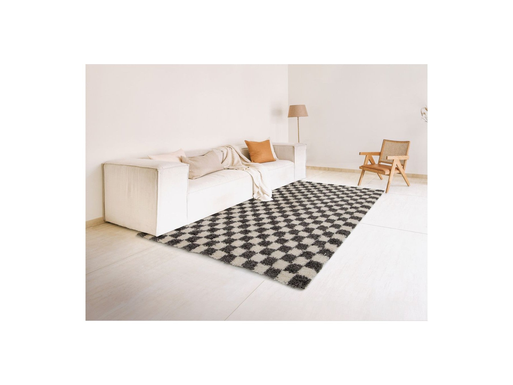 Damien - Tapis Poils Longs - Motif Damier - Noir