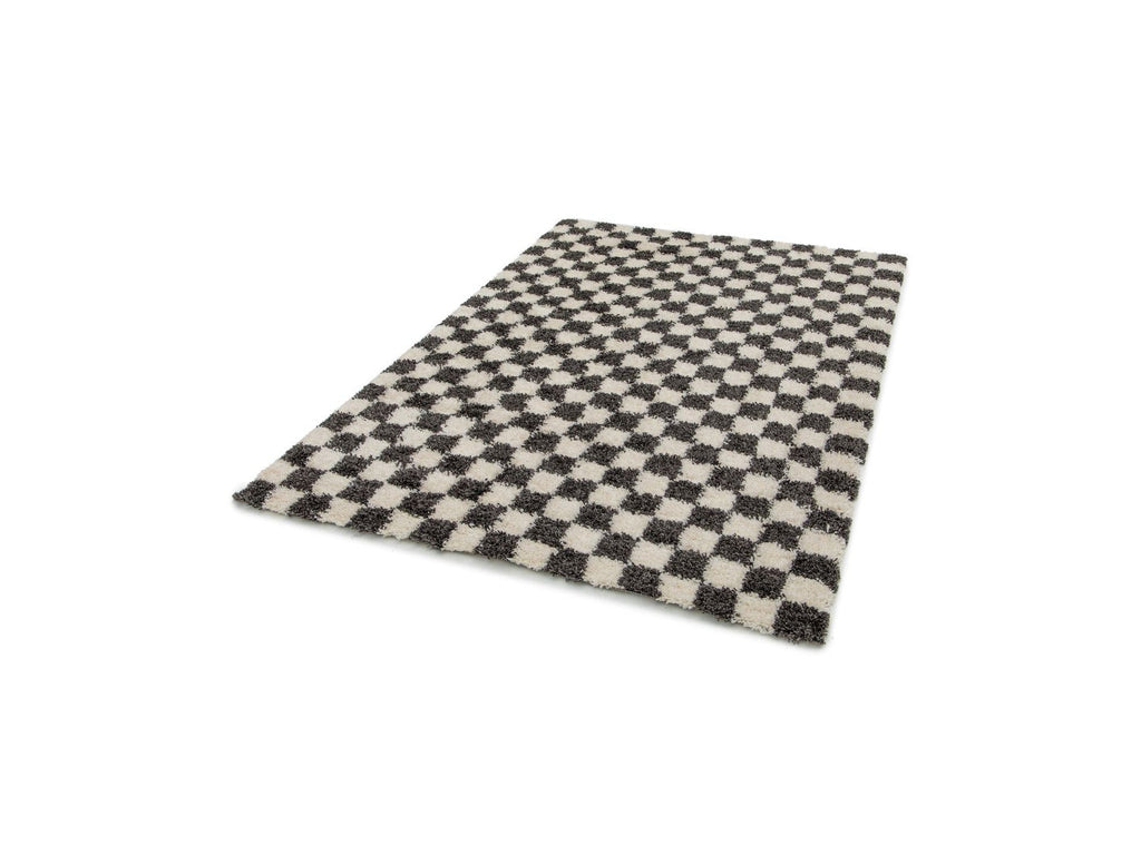 Damien - Tapis Poils Longs - Motif Damier - Noir