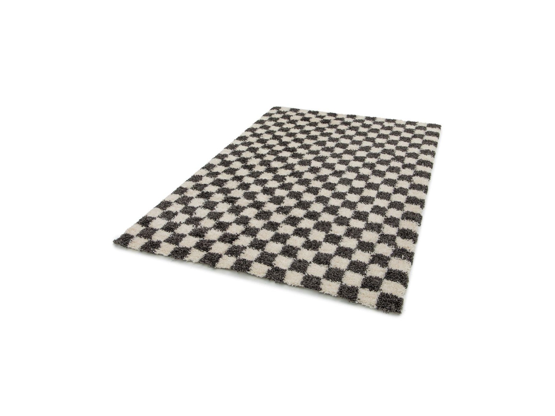 Damien - Tapis Poils Longs - Motif Damier - Noir