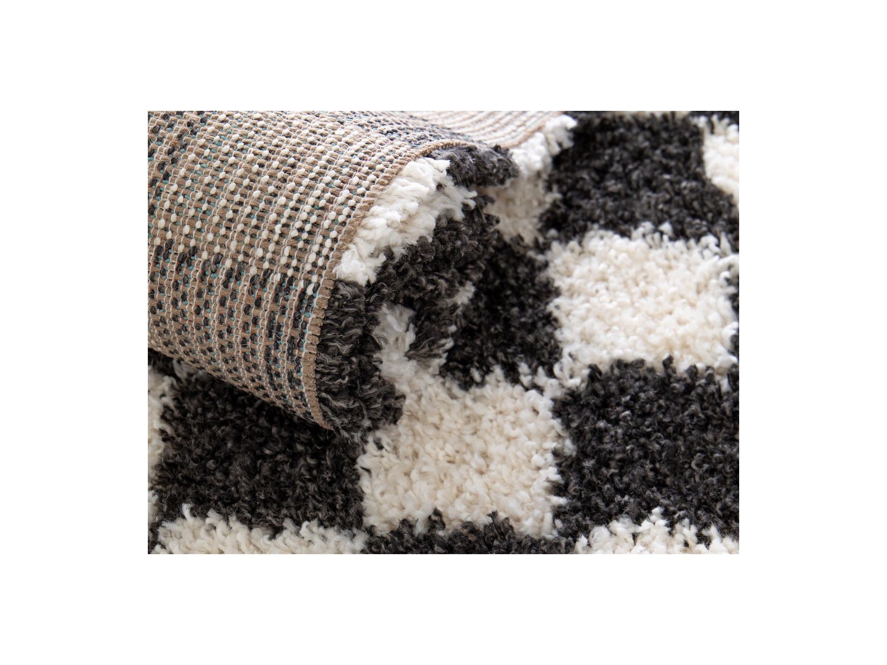Damien - Tapis Poils Longs - Motif Damier - Noir
