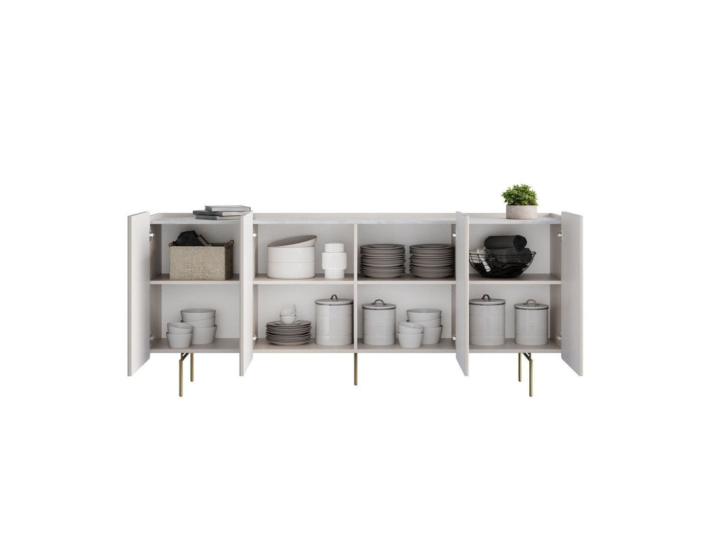 Mathilde - Buffet 4 Portes Plateau Effet Marbre - Pieds Or