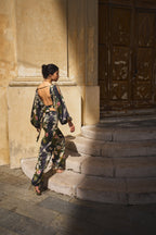 Pantalon Droit À Imprimé Pivoine Chinoise – Noir