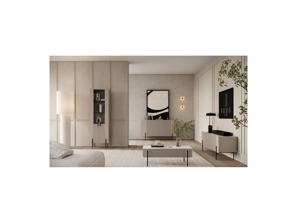 Mathilde - Meuble Tv 4 Portes Plateau - Effet Marbre Et Pieds Noirs