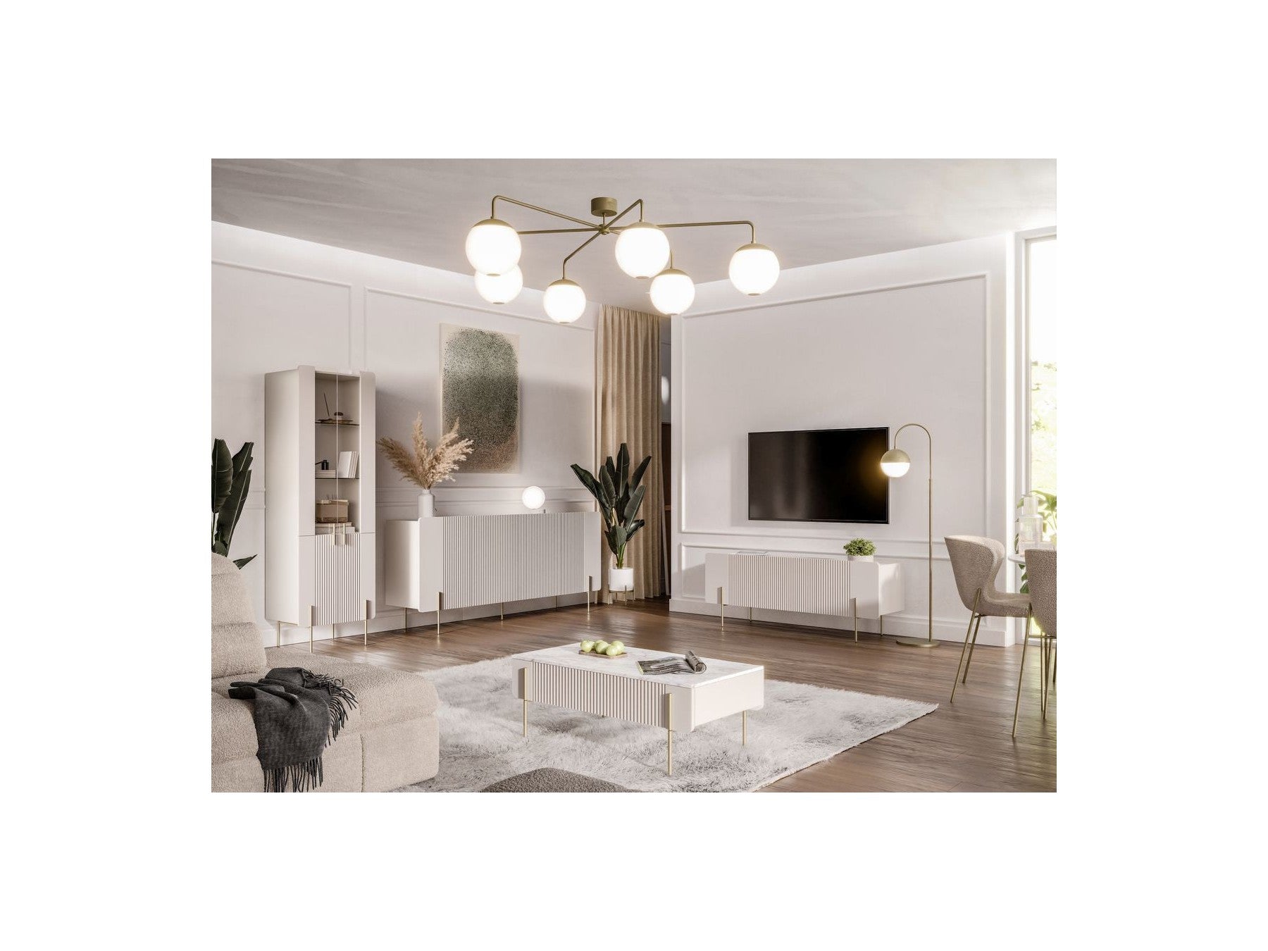 Mathilde - Buffet 3 Portes Plateau Effet Marbre - Pieds Or