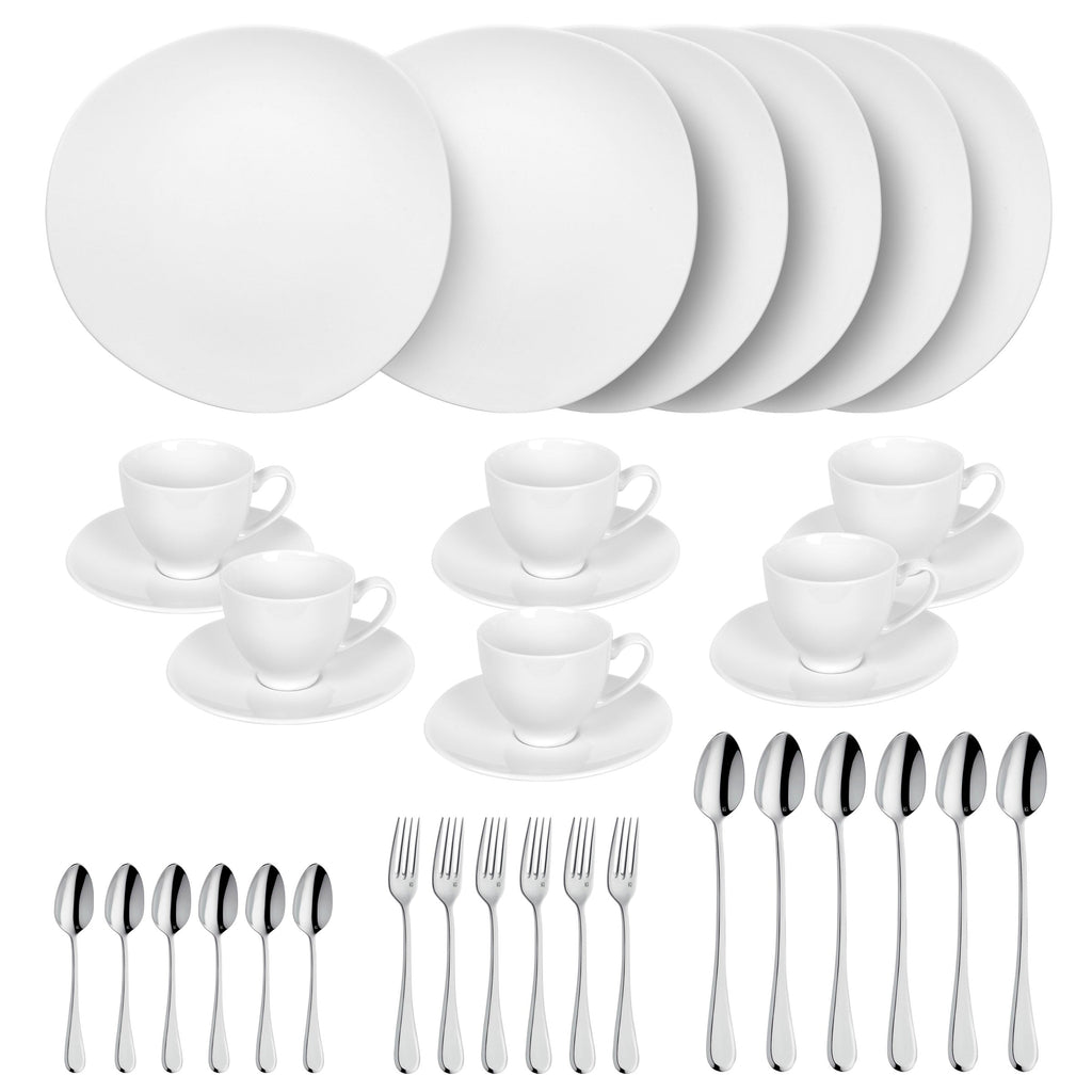 Sven Blanc - Ensemble Dessert & Goûter 30 Pièces - Porcelaine/Acier Inoxydable - Blanc