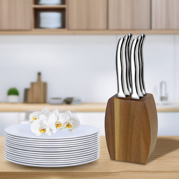 Virgule - Bloc 6 Couteaux Steak - Bloc En Bois D'Acacia/Couteaux Acier Inoxydable - Inox/Acacia