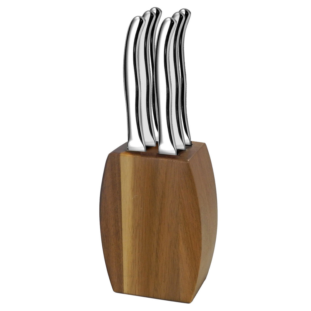 Virgule - Bloc 6 Couteaux Steak - Bloc En Bois D'Acacia/Couteaux Acier Inoxydable - Inox/Acacia