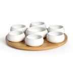 Tapas - Set 7 Coupelles Apéritives En Céramique Avec Plateau En Bambou Tournant - Céramique/Bambou - Blanc/Bois Clair