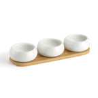 Tapas - Set De 3 Coupelles Apéritives En Céramique Avec Plateau En Bambou - Céramique/Bambou - Blanc/Bois Clair