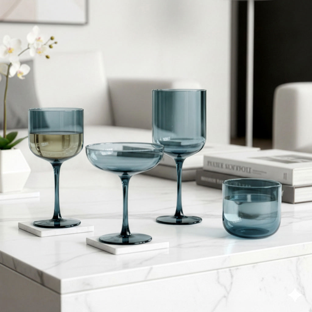 Eyden - Lot De 4 Verres À Pied 35 Cl - Verre Soufflé Bouche - Bleu