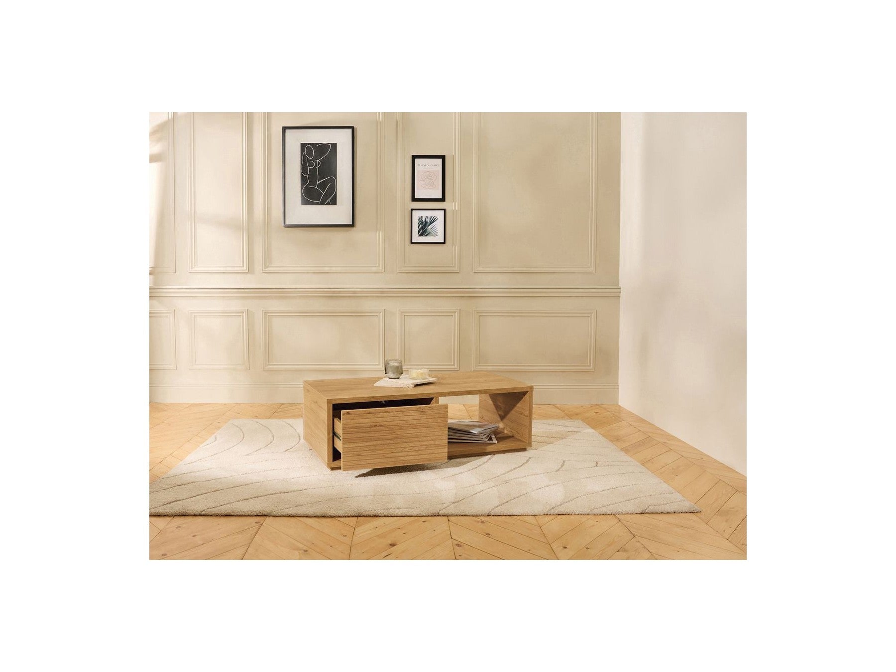 Ferret - Table Basse Avec Tiroir - Effet Tasseaux De Bois