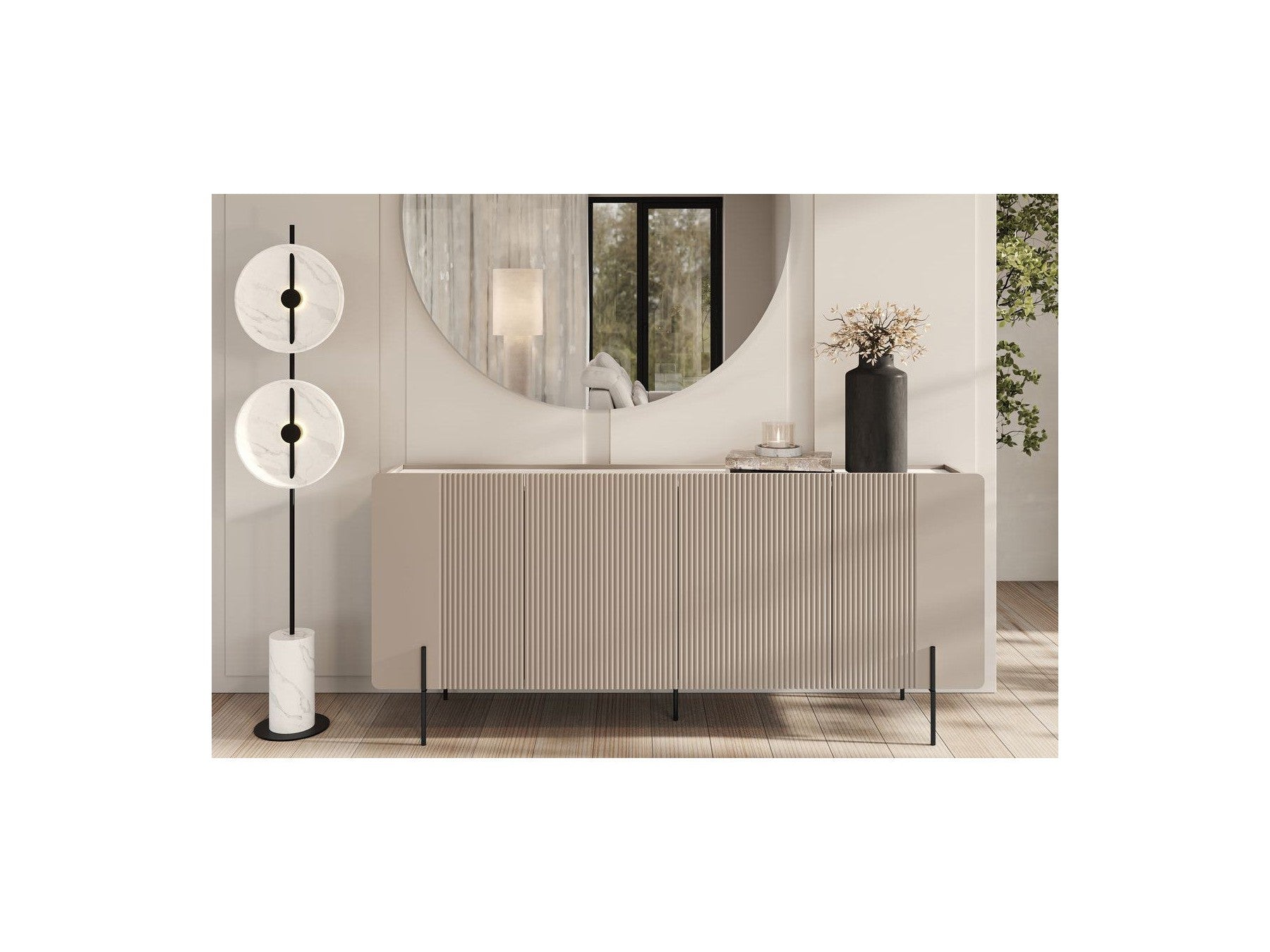 Mathilde - Buffet 4 Portes Plateau Effet Marbre - Pieds Noirs
