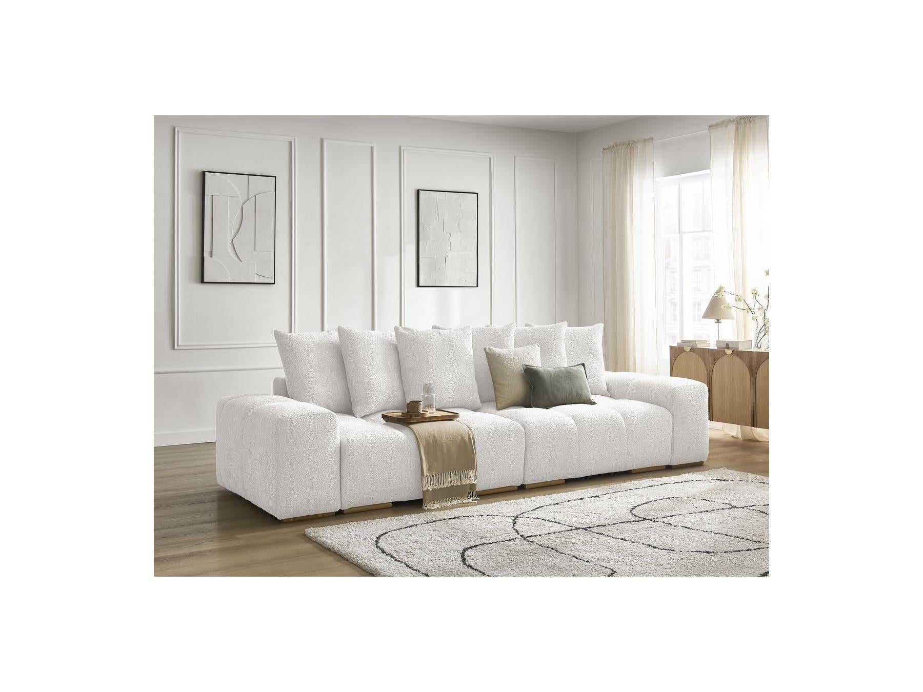 Anakin - Canapé Droit Convertible Coffre - Tissu Bouclette - 6 Coussins