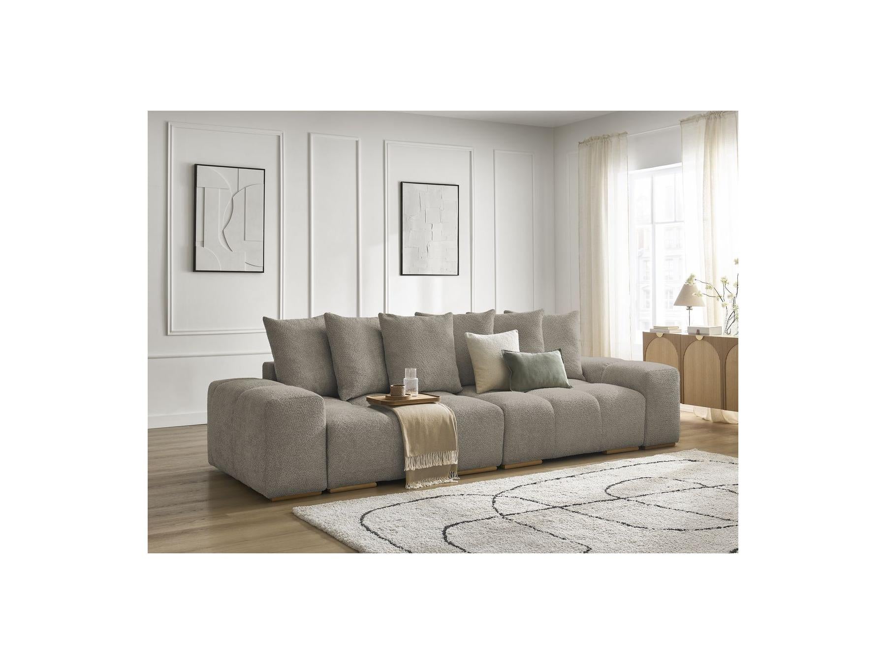 Anakin - Canapé Droit Convertible Coffre - Tissu Bouclette - 6 Coussins