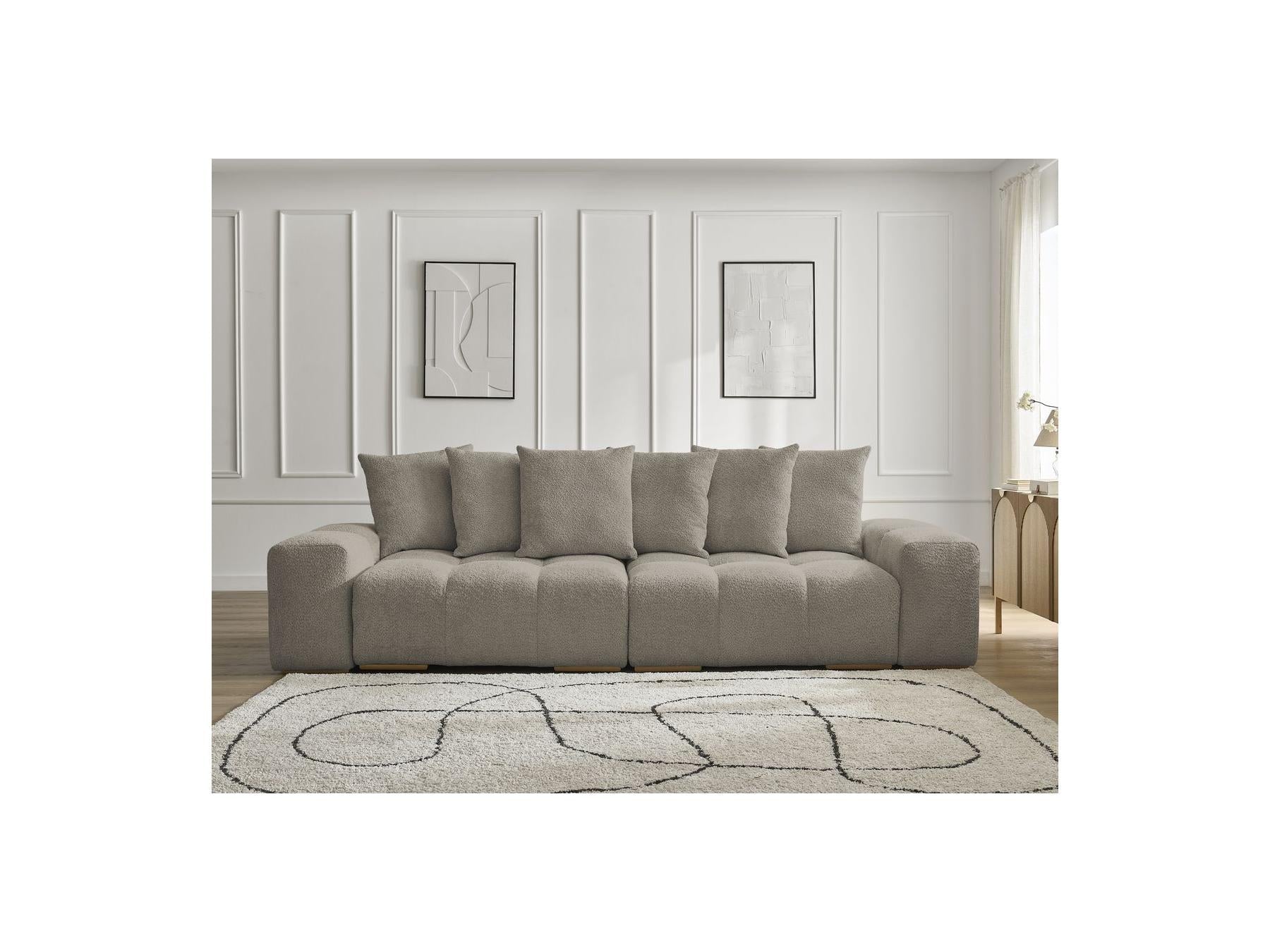 Anakin - Canapé Droit Convertible Coffre - Tissu Bouclette - 6 Coussins