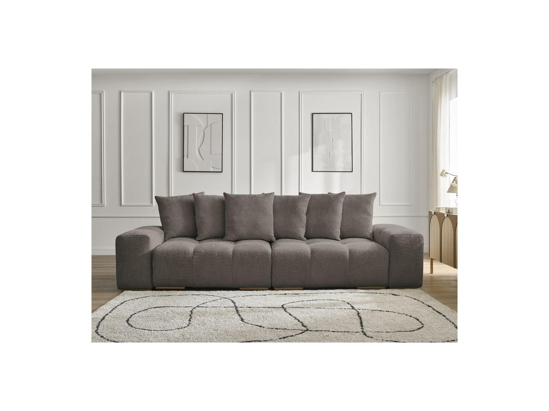Anakin - Canapé Droit Convertible Coffre - Tissu Bouclette - 6 Coussins